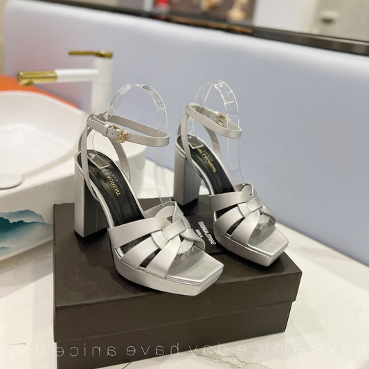 Saint Laurent SL TRIBUTE FLATFORM SANDALS SILVER CALFSKIN