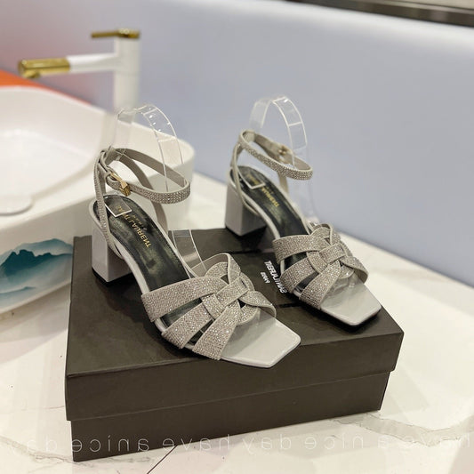 Saint Laurent SL TRIBUTE CRYSTAL SANDALS LIGHT GRAY CALFSKIN