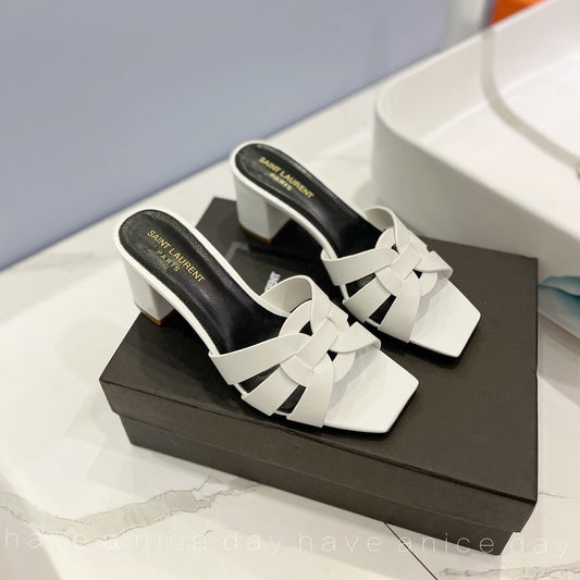 Saint Laurent SL TRIBUTE MULES WHITE CALFSKIN