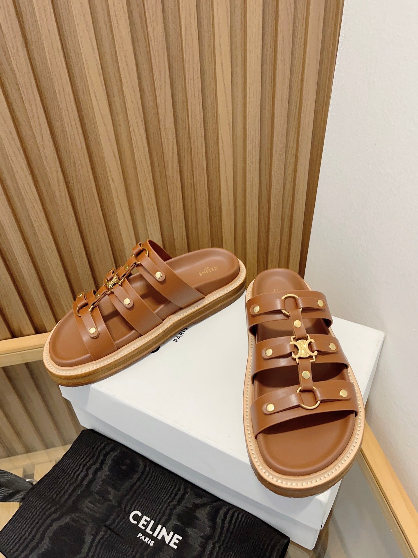 Celine tippi slide sandal brown calfskin