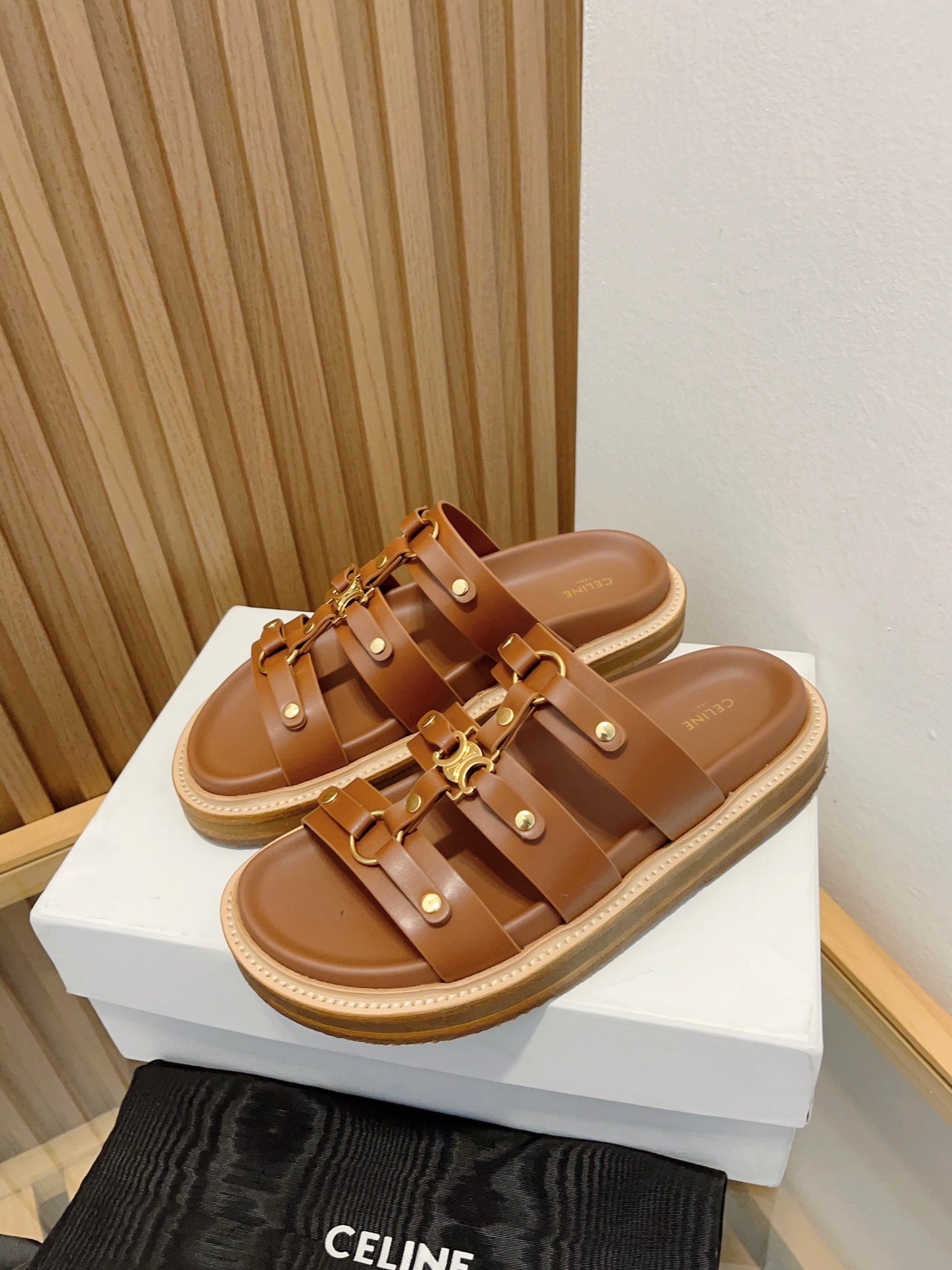 Celine tippi slide sandal brown calfskin