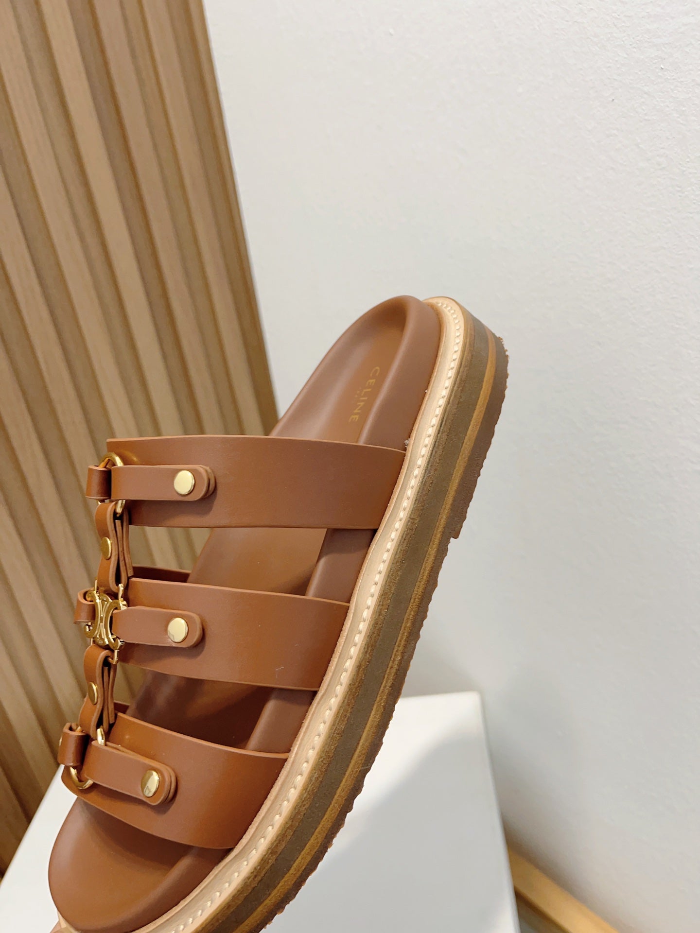 Celine tippi slide sandal brown calfskin