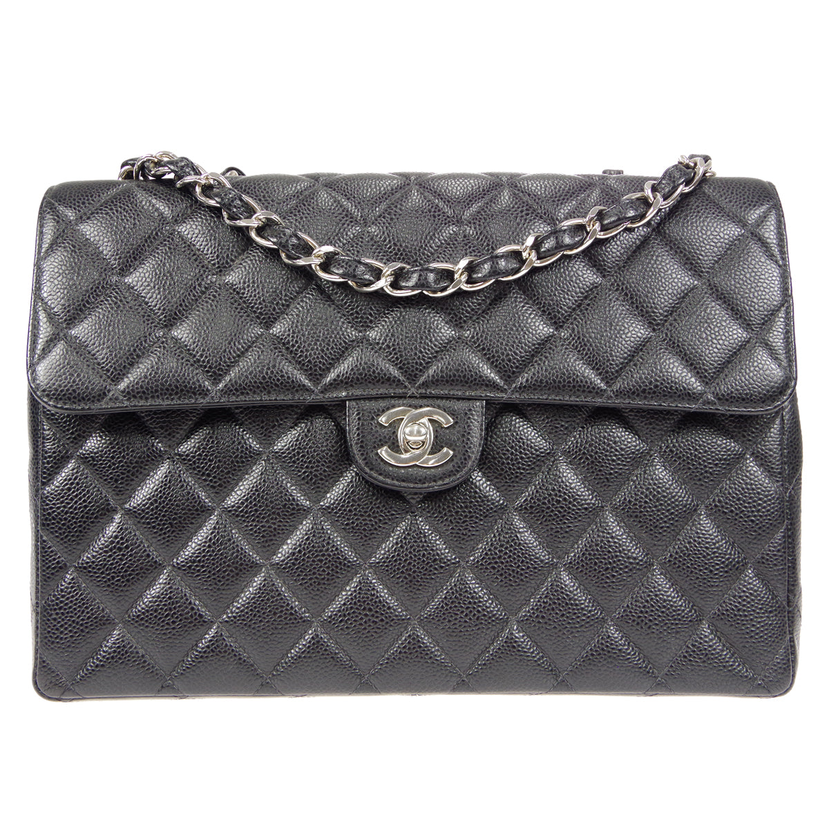 CHANEL Classic Flap Jumbo Double Chain Shoulder Bag Black Caviar
