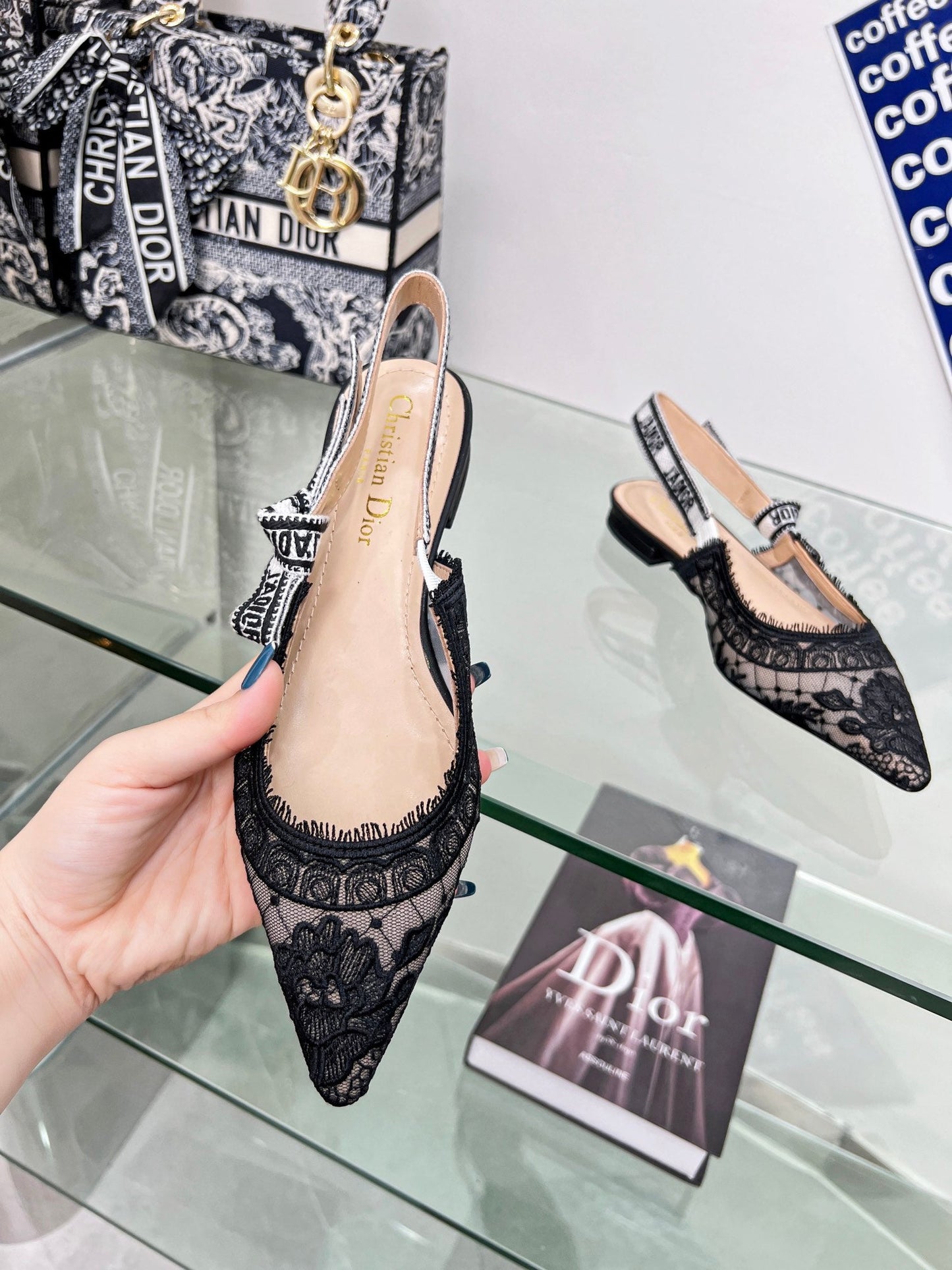DIOR slingback flat transparent mesh embroidered black flower moitf