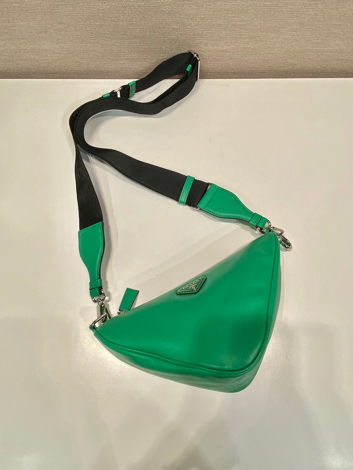 PRADA TRIANGULAR BAG 27 IN GO GREEN SMOOTH LAMBSKIN