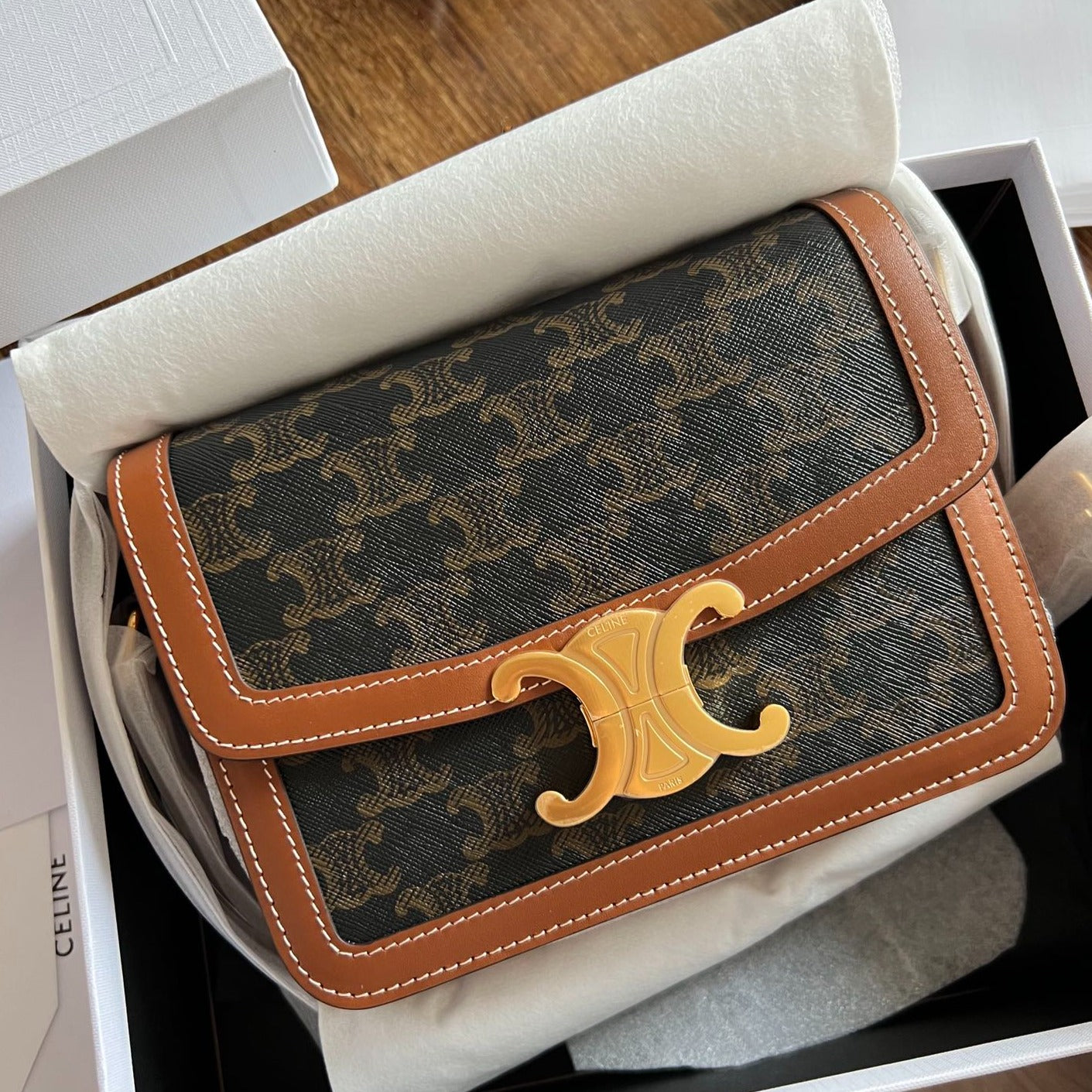 Celine TEEN TRIOMPHE 18.5 TAN MONOGRAM CANVAS BROWN CALFSKIN