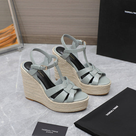 Saint Laurent SL TRIBUTE WEDGE SANDALS TEMPERED GREY POLISHED CALFSKIN