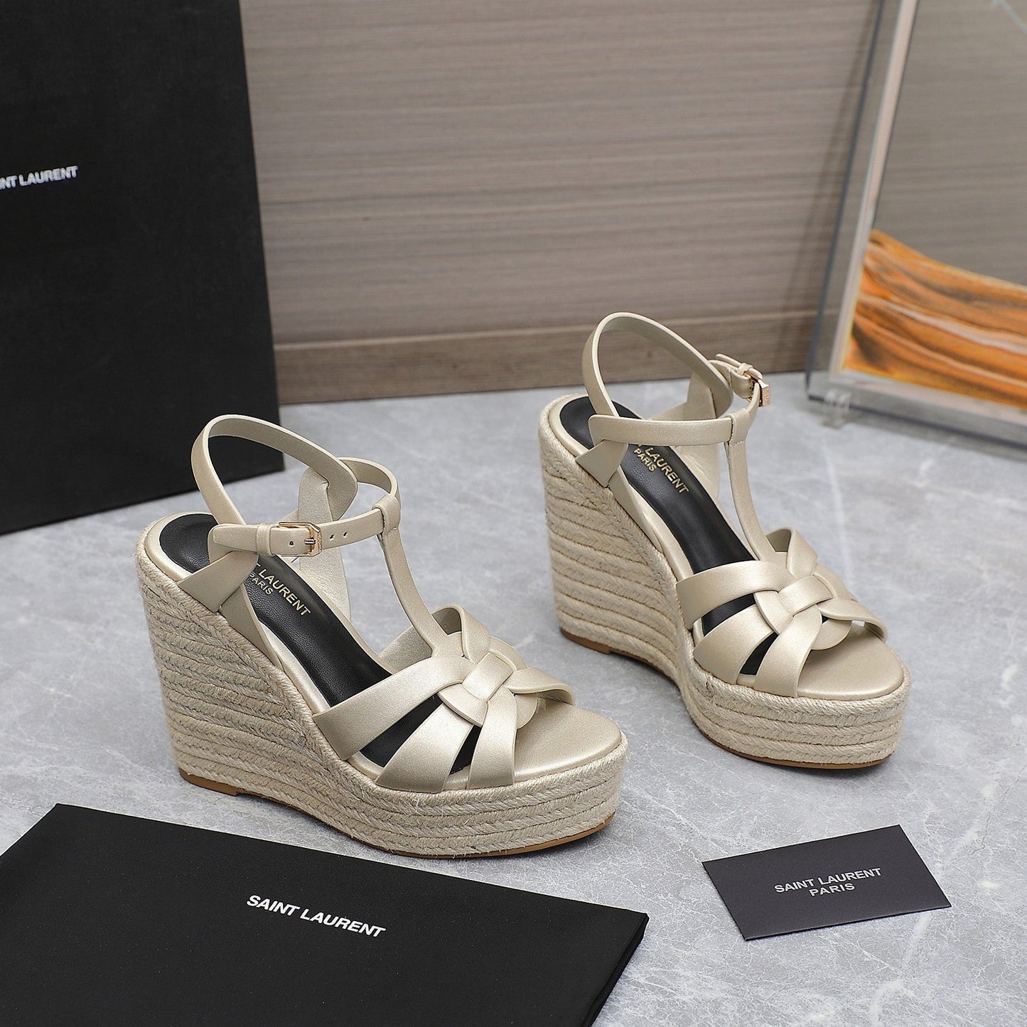 Saint Laurent SL TRIBUTE WEDGE SANDALS METALLIC BEIGE CALFSKIN