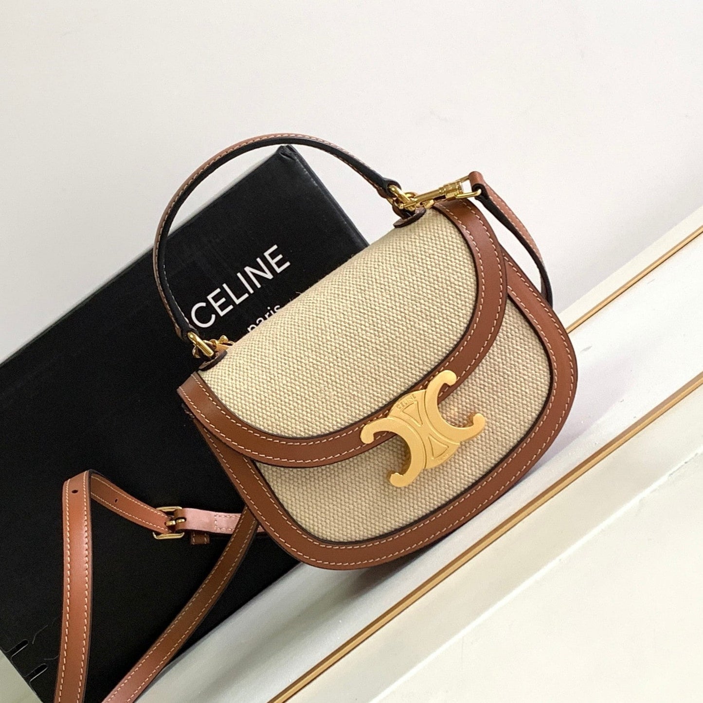 Celine TEEN CHAIN BESACE TRIOMPHE 15.5CM TEXTILE AND CALFSKIN TAN