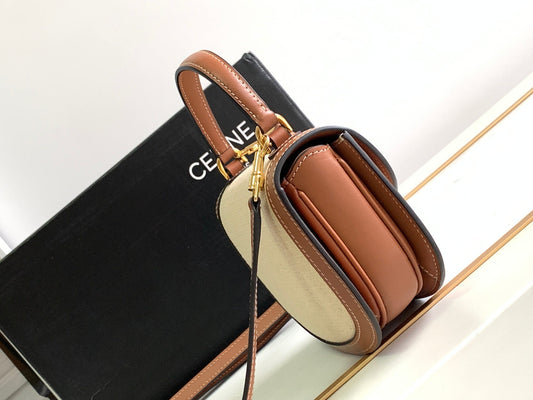 Celine TEEN CHAIN BESACE TRIOMPHE 15.5CM TEXTILE AND CALFSKIN TAN