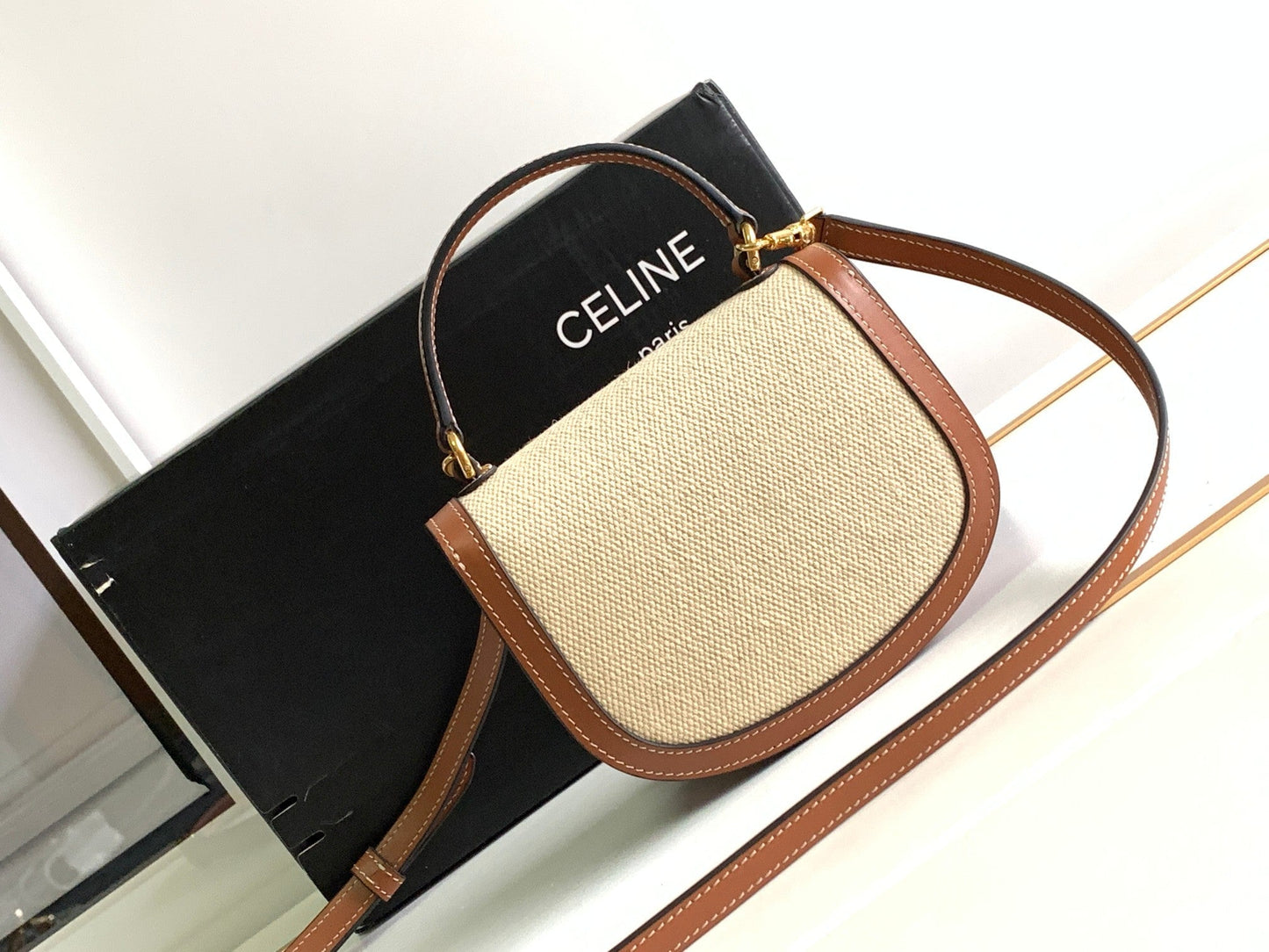 Celine TEEN CHAIN BESACE TRIOMPHE 15.5CM TEXTILE AND CALFSKIN TAN