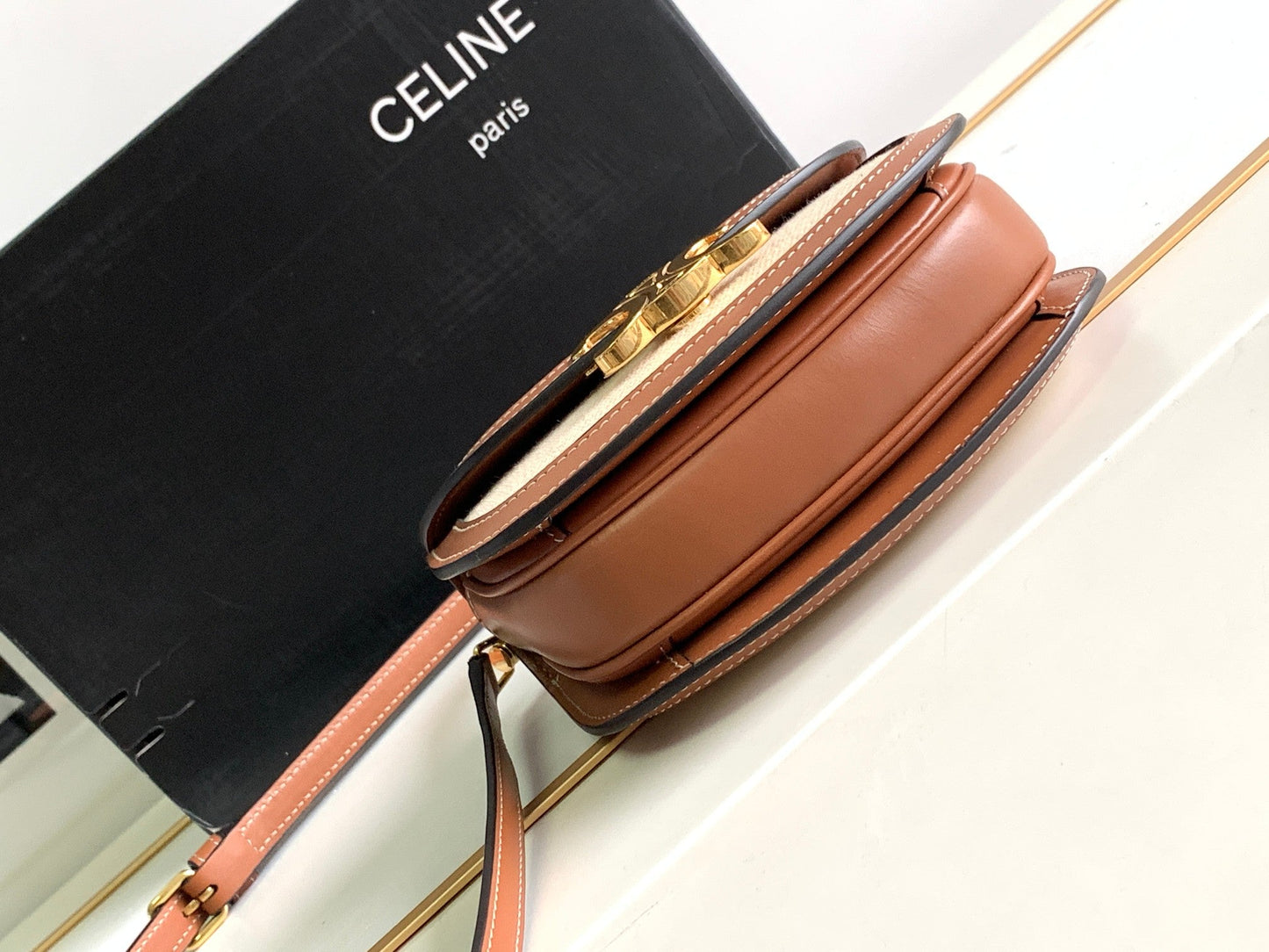 Celine TEEN CHAIN BESACE TRIOMPHE 15.5CM TEXTILE AND CALFSKIN TAN
