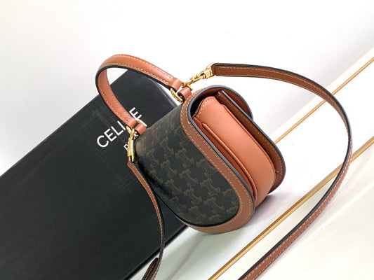 Celine TEEN CHAIN BESACE TRIOMPHE 15.5CM BROWN MONOGRAM AND CALFSKIN TAN
