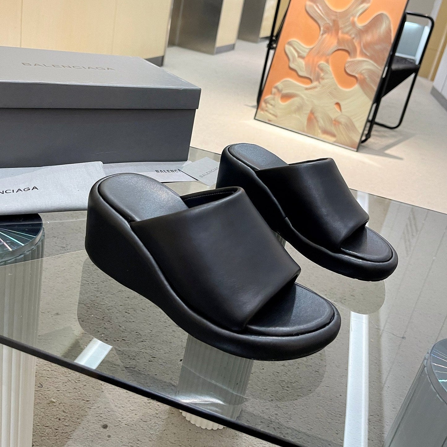 Balanciaga WEDGE SANDALS IN BLACK SOFT LAMBSKIN