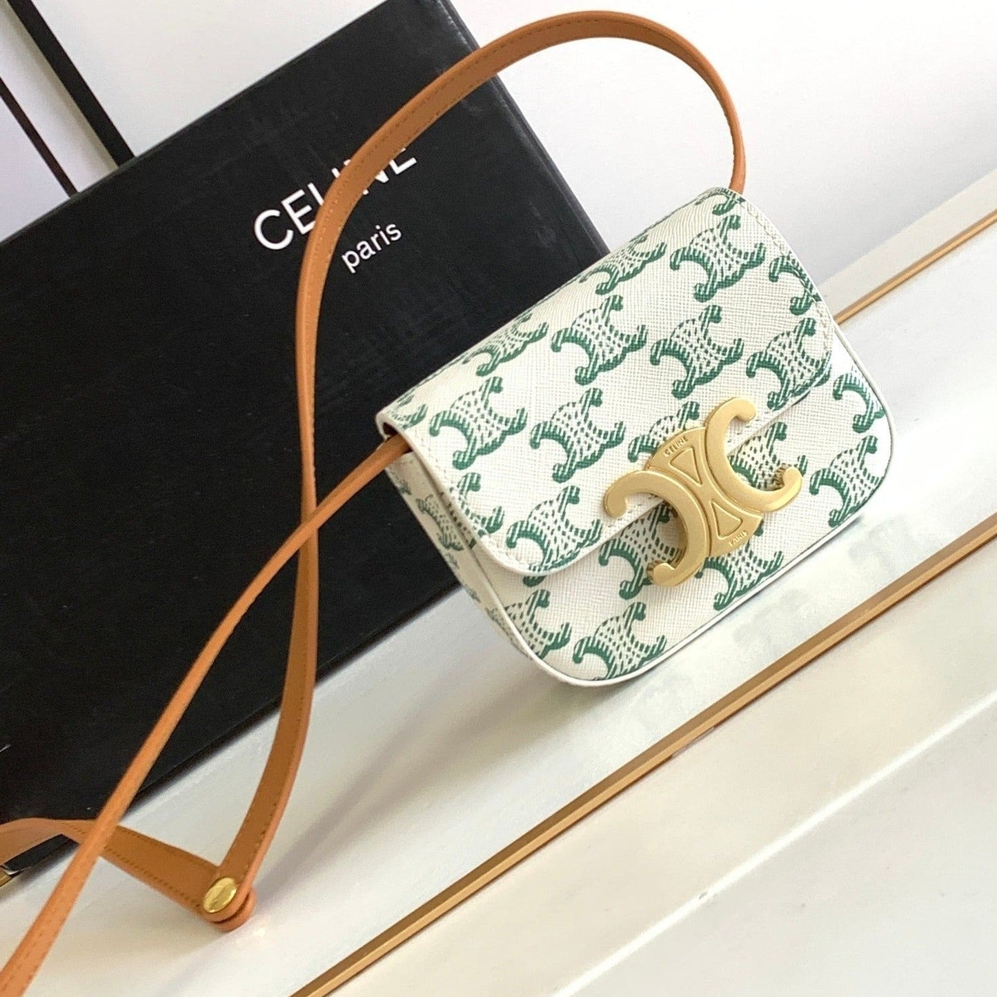 Celine TRIPHOME 11 GREEN WHITE COWHIDE LEATHER