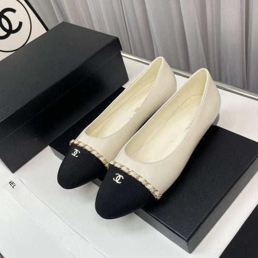 CHANEL ballet flat cream lambskin black leather chain grosgrain