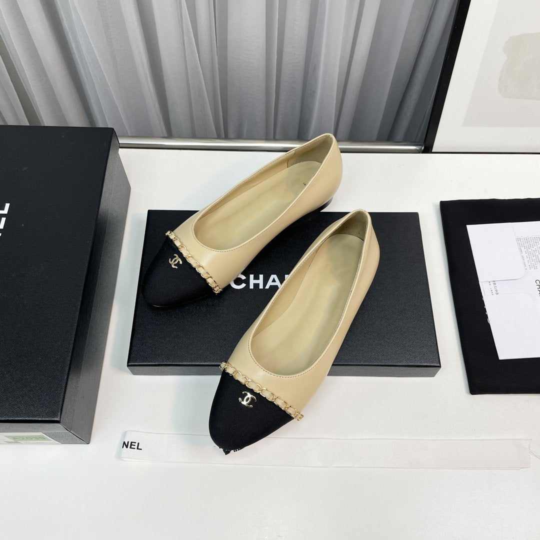 CHANEL ballet flat beige lambskin black leather chain grosgrain
