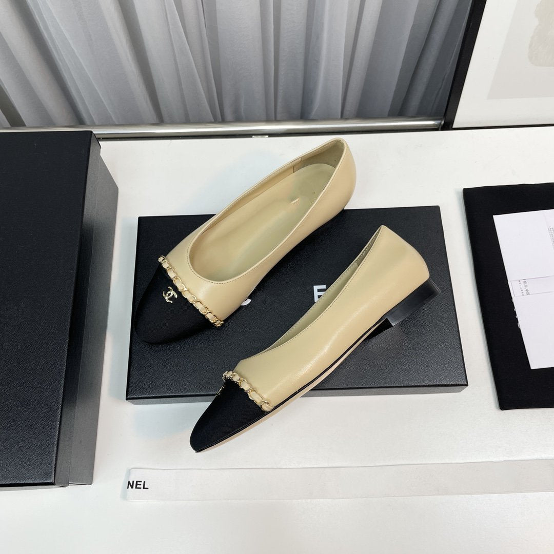 CHANEL ballet flat beige lambskin black leather chain grosgrain