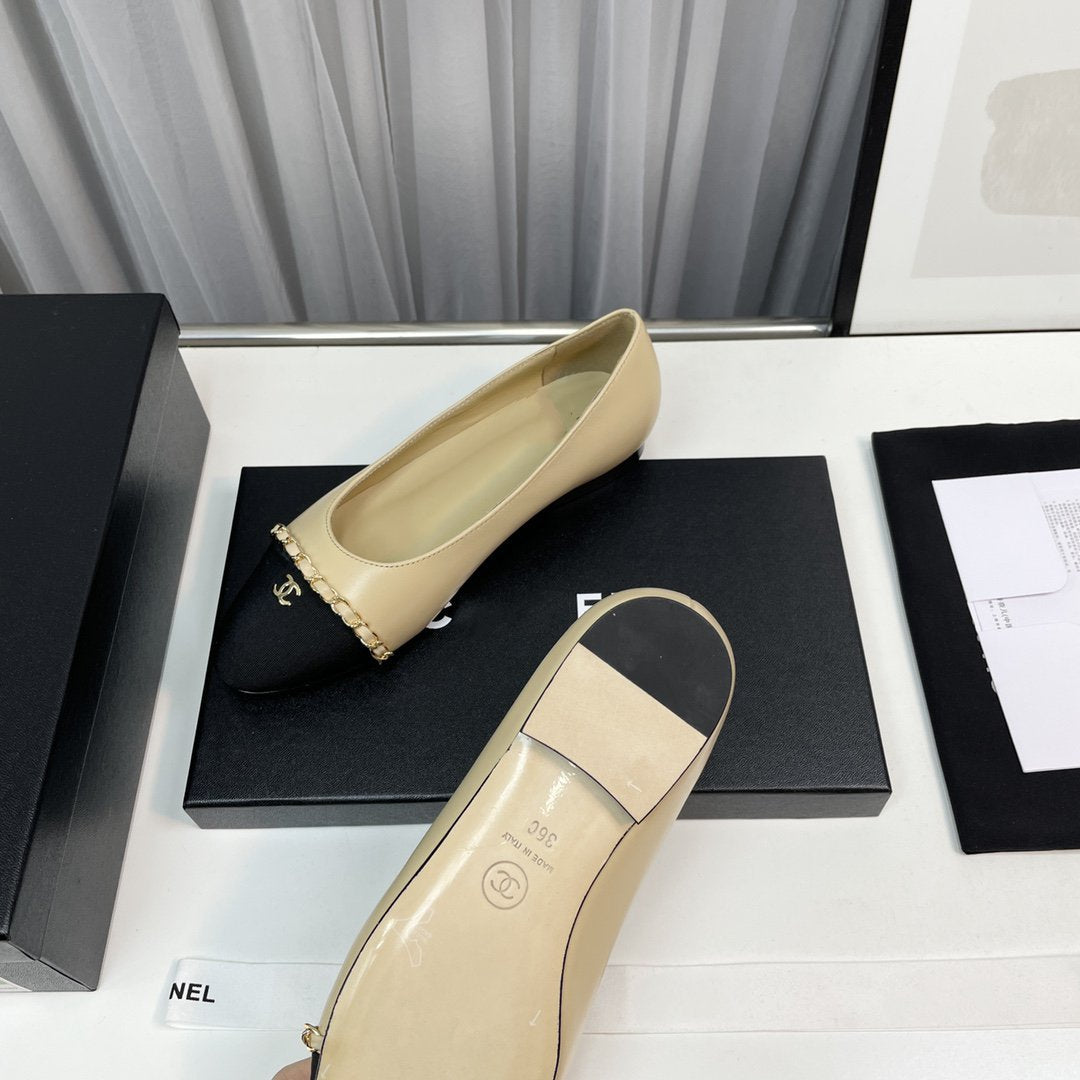 CHANEL ballet flat beige lambskin black leather chain grosgrain