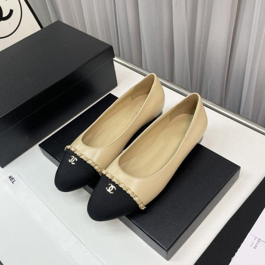 CHANEL ballet flat beige lambskin black leather chain grosgrain