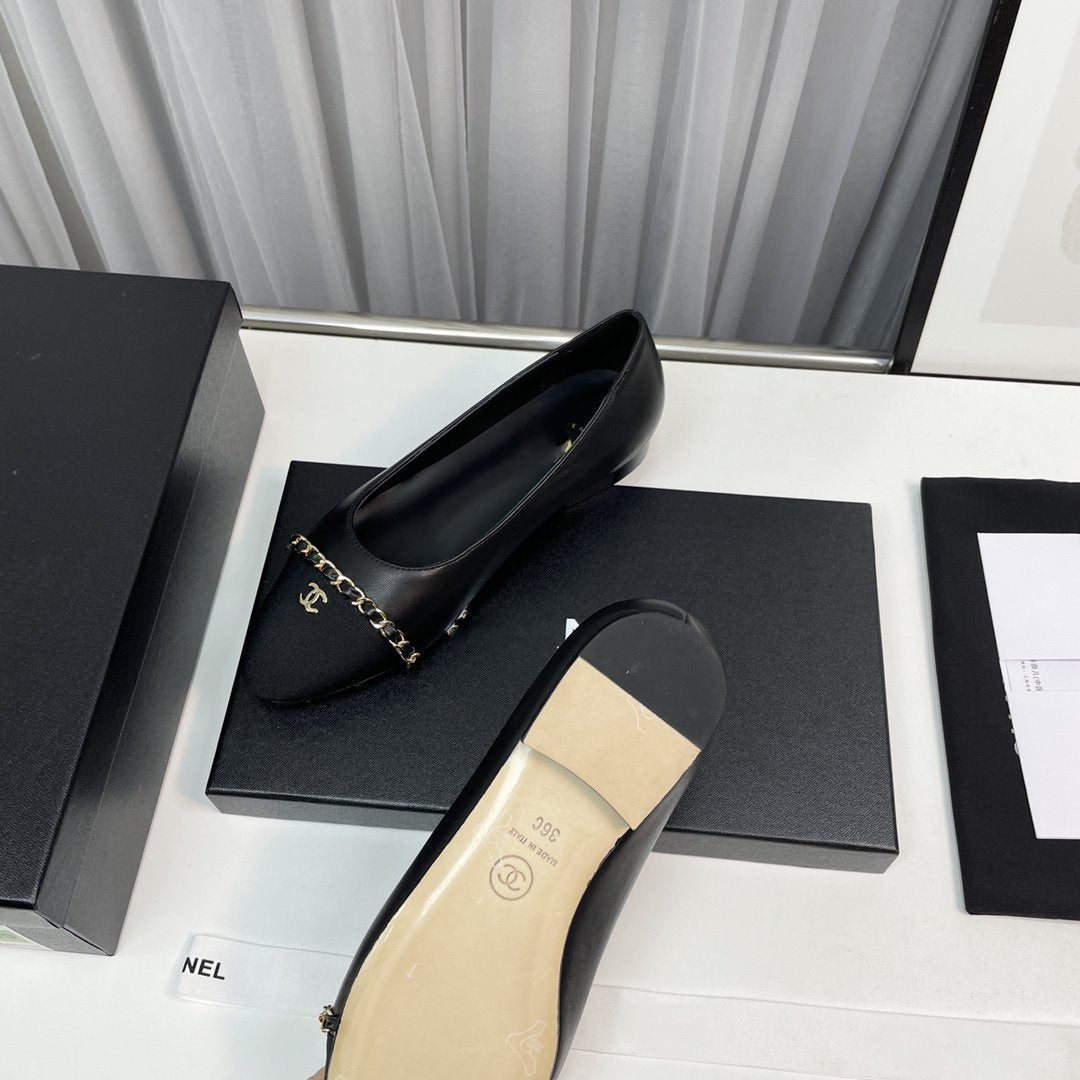 CHANEL ballet flat black lambskin leather chain grosgrain