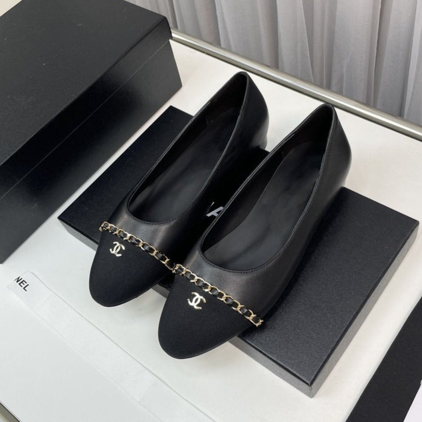 CHANEL ballet flat black lambskin leather chain grosgrain