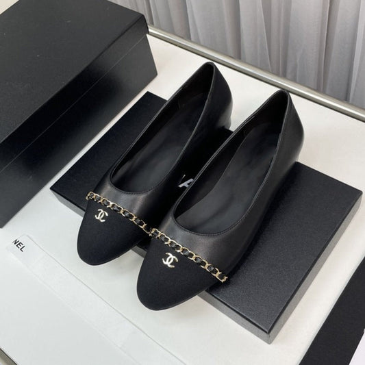 CHANEL ballet flat black lambskin leather chain grosgrain