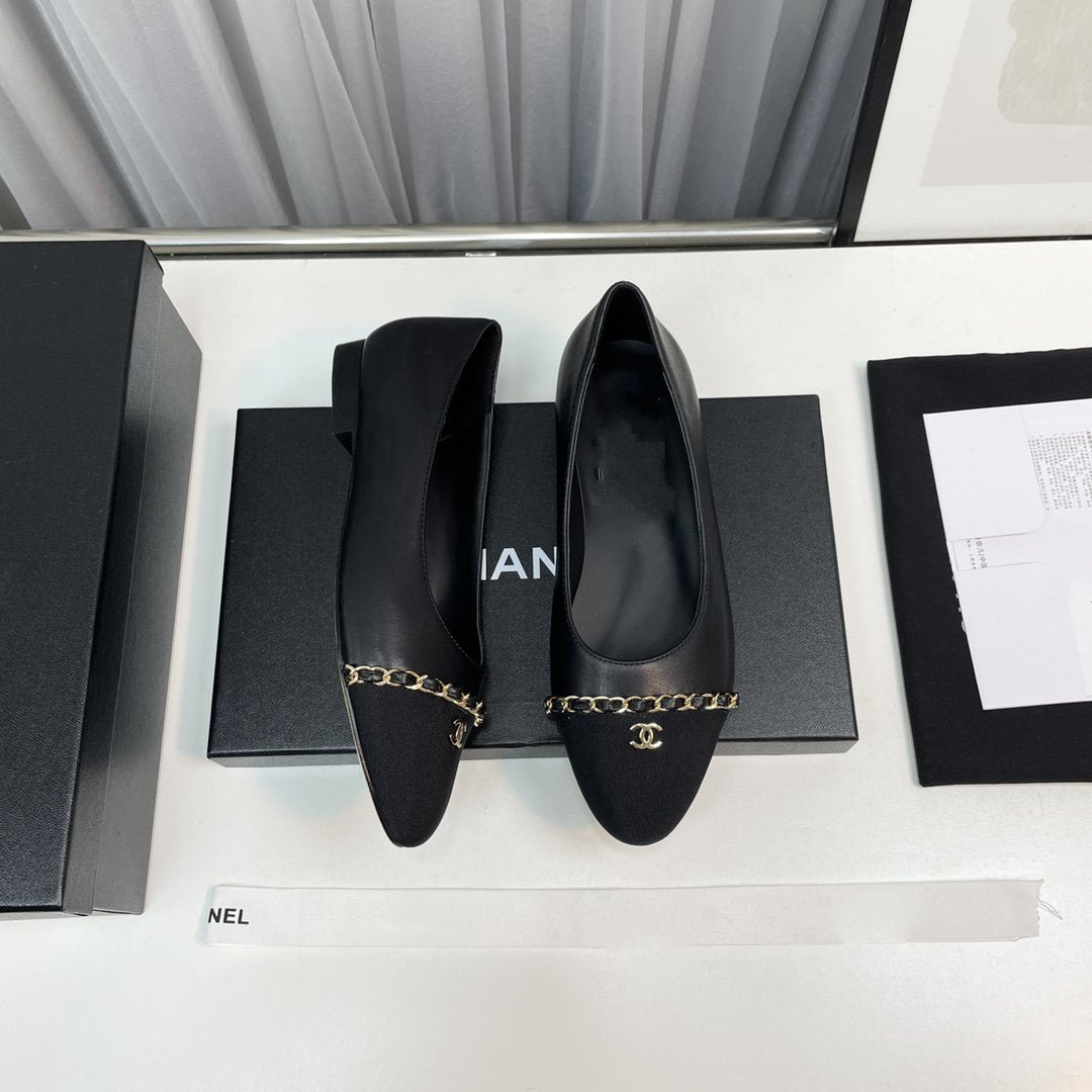 CHANEL ballet flat black lambskin leather chain grosgrain