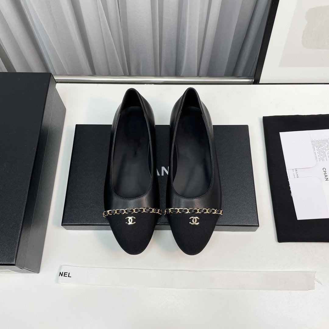 CHANEL ballet flat black lambskin leather chain grosgrain