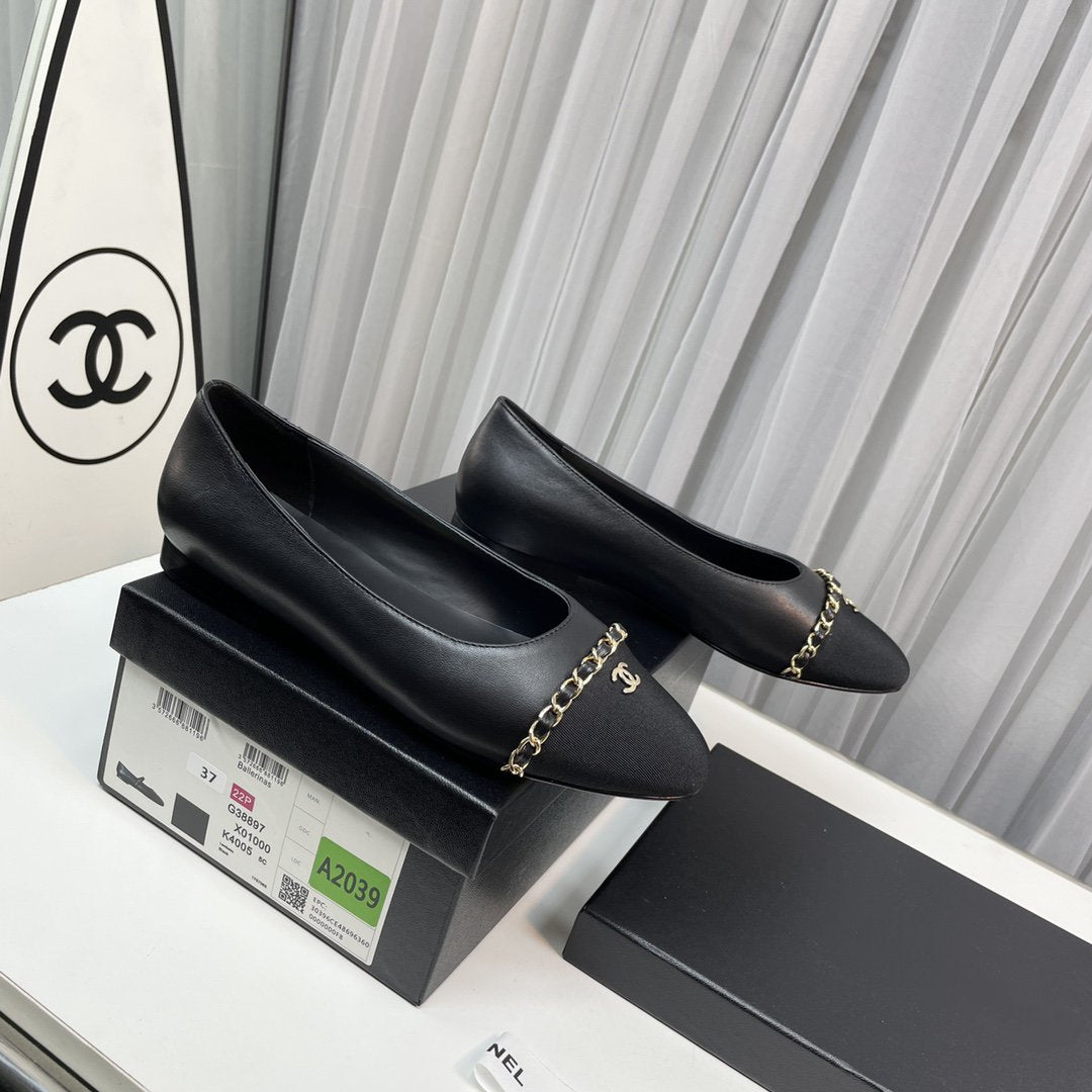 CHANEL ballet flat black lambskin leather chain grosgrain