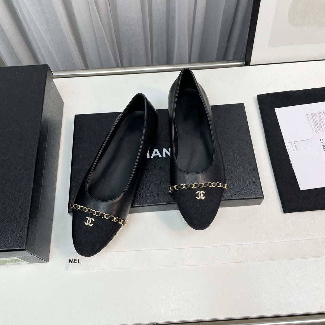 CHANEL ballet flat black lambskin leather chain grosgrain