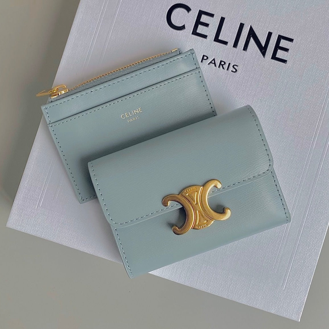 Celine TRIPHOME 9 WALLET TWO-IN-ONE GLACIER BLUE CALFSKIN