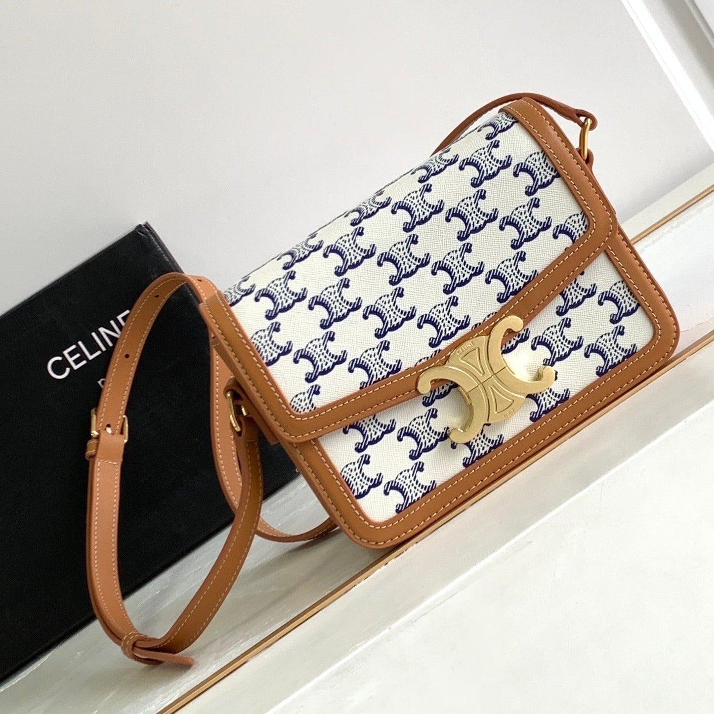 Celine TEEN TRIOMPHE 18.5 WHITE BLUE MONOGRAM CANVAS BROWN CALFSKIN