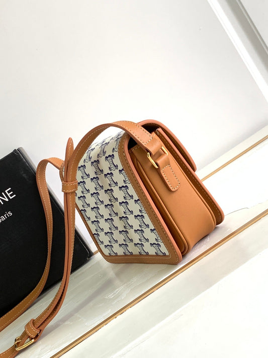 Celine TEEN TRIOMPHE 18.5 WHITE BLUE MONOGRAM CANVAS BROWN CALFSKIN
