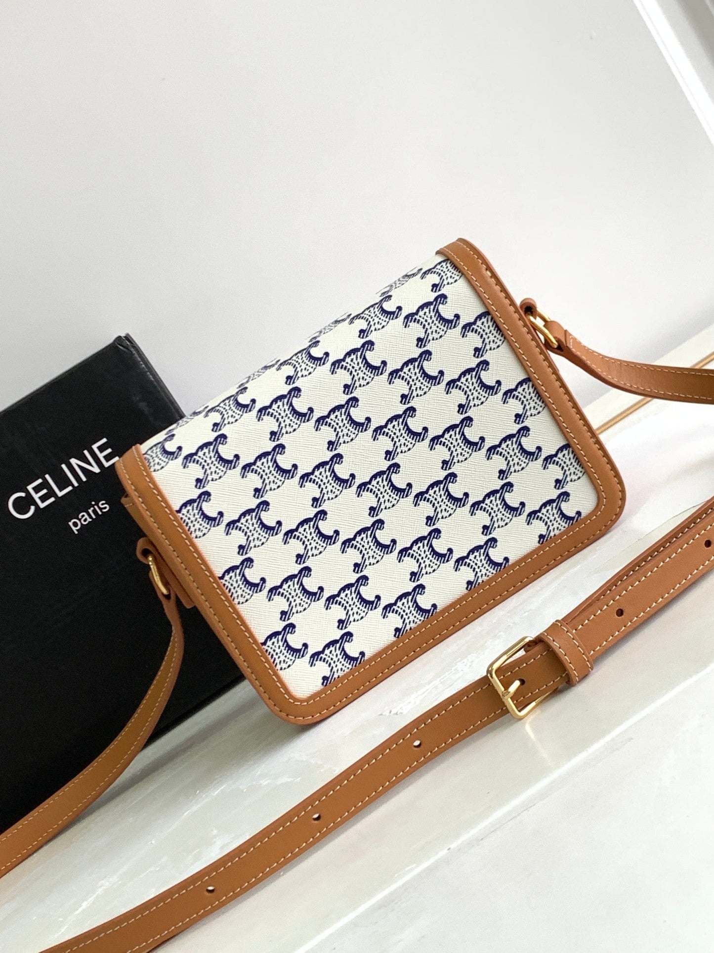 Celine TEEN TRIOMPHE 18.5 WHITE BLUE MONOGRAM CANVAS BROWN CALFSKIN