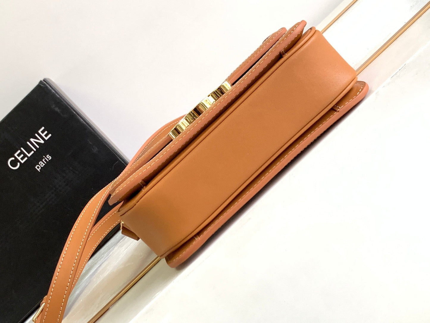 Celine TEEN TRIOMPHE 18.5 WHITE BLUE MONOGRAM CANVAS BROWN CALFSKIN