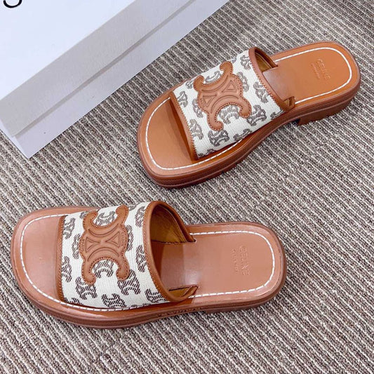 Celine LEA TRIOMPHE PLATFORM SLIDES WOMEN VEGETABLE TANNED CALFSKIN BROWN/WHITE