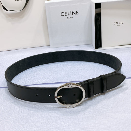 Celine CL LARGE 35MM TWIN TRIOMPHE BELT IN BLACK CALFSKIN SILVER HARDWARE