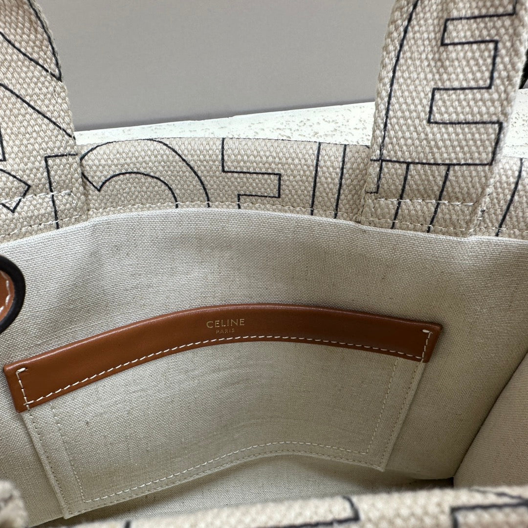 Celine small cabas 26 grey textile multi logo triomphe calfskin