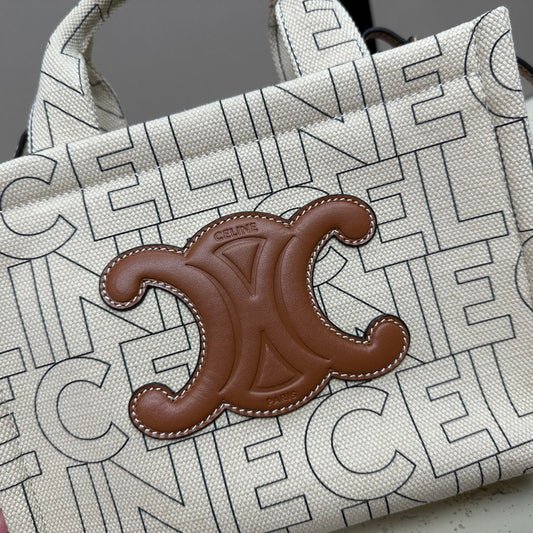 Celine small cabas 26 grey textile multi logo triomphe calfskin