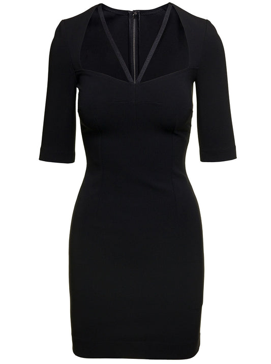 Dolce & Gabbana Women Black Mini Dress With Short Sleeves And Neckline Detail In Viscose Blend Woman