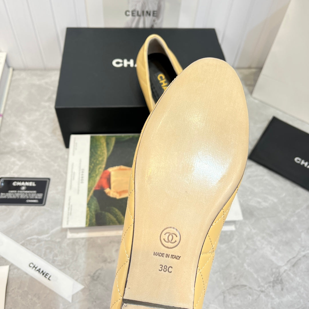 CHANEL ballet flat beige black quilted calfskin