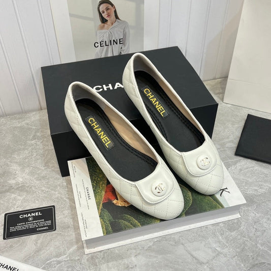CHANEL ballet flat white black quilted calfskin