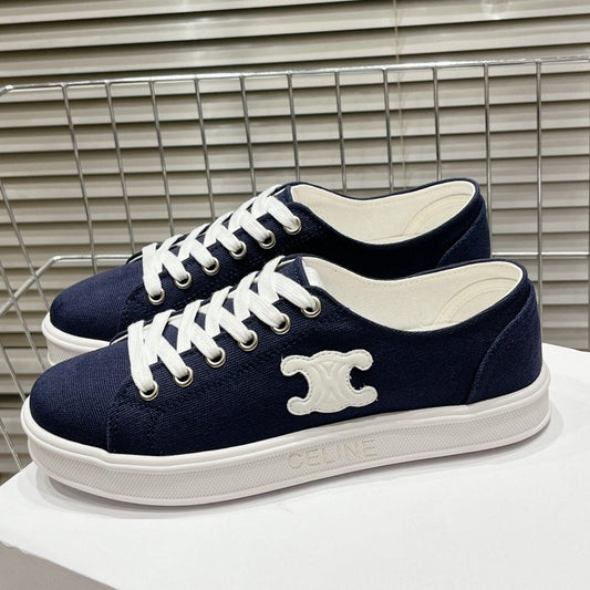 Celine JANE SNEAKERS LOW LACE-UP WITH TRIOMPHE PATCH IN CANVAS AND CALFSKIN NAVY/WHITE LOGO