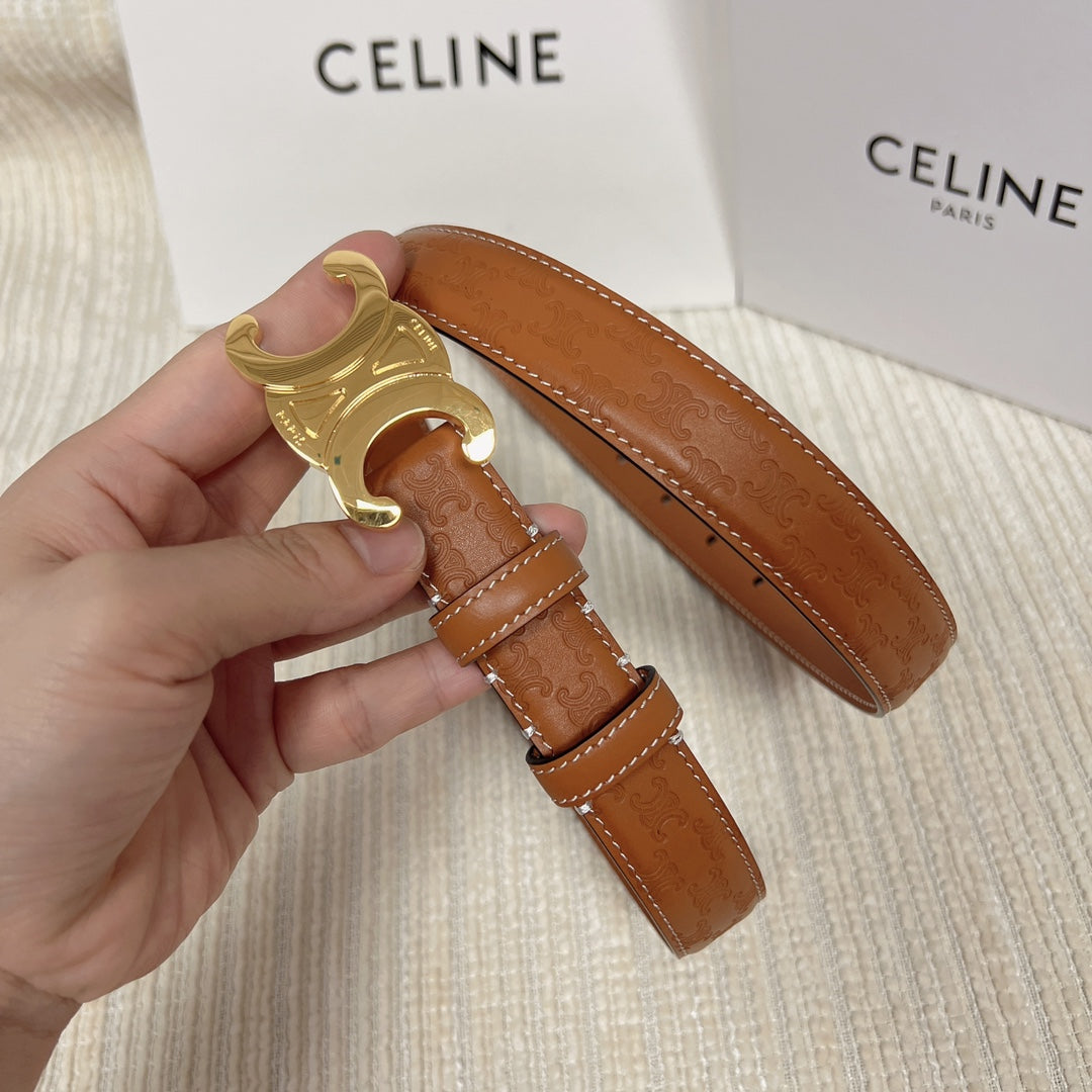 Celine Medium Triomphe Belt 25mm Tan Calfskin with Triomphe Embossed Ghw