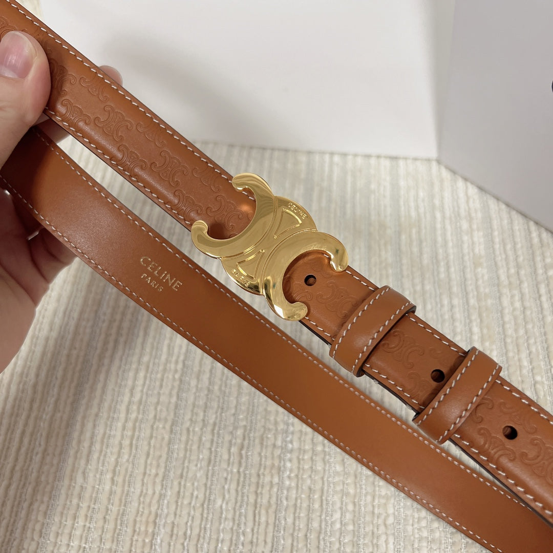 Celine Medium Triomphe Belt 25mm Tan Calfskin with Triomphe Embossed Ghw
