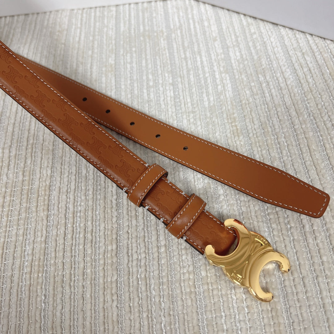 Celine Medium Triomphe Belt 25mm Tan Calfskin with Triomphe Embossed Ghw