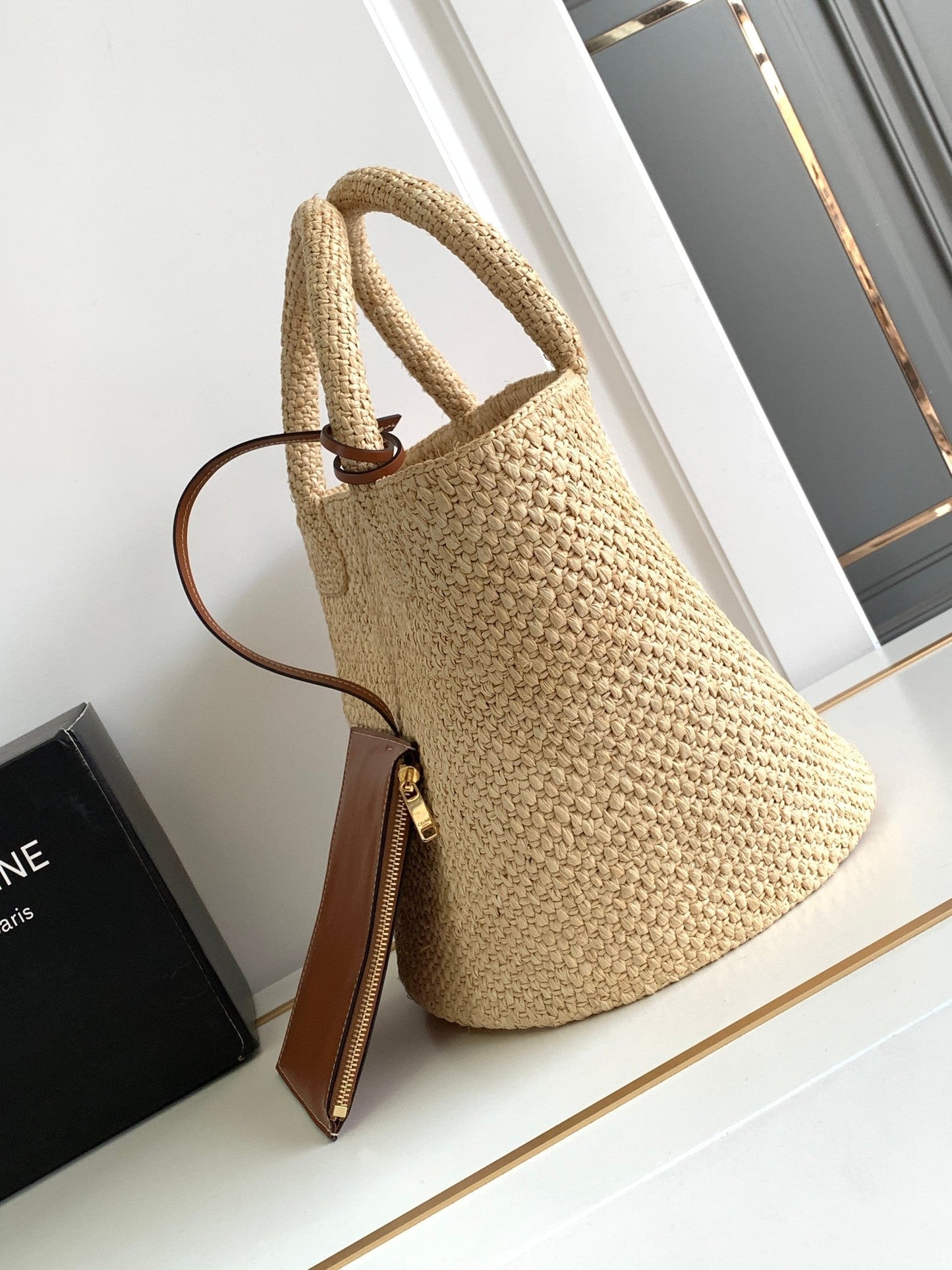 Celine teen triomphe straw bucket bag 23cm raffia brown calfskin