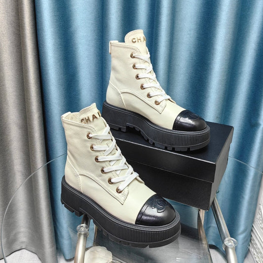 CHANEL Ankle Boots White Lambskin