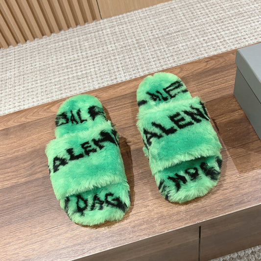 Balanciaga LAMB WOOL SLIPPER GREEN AND BLACK